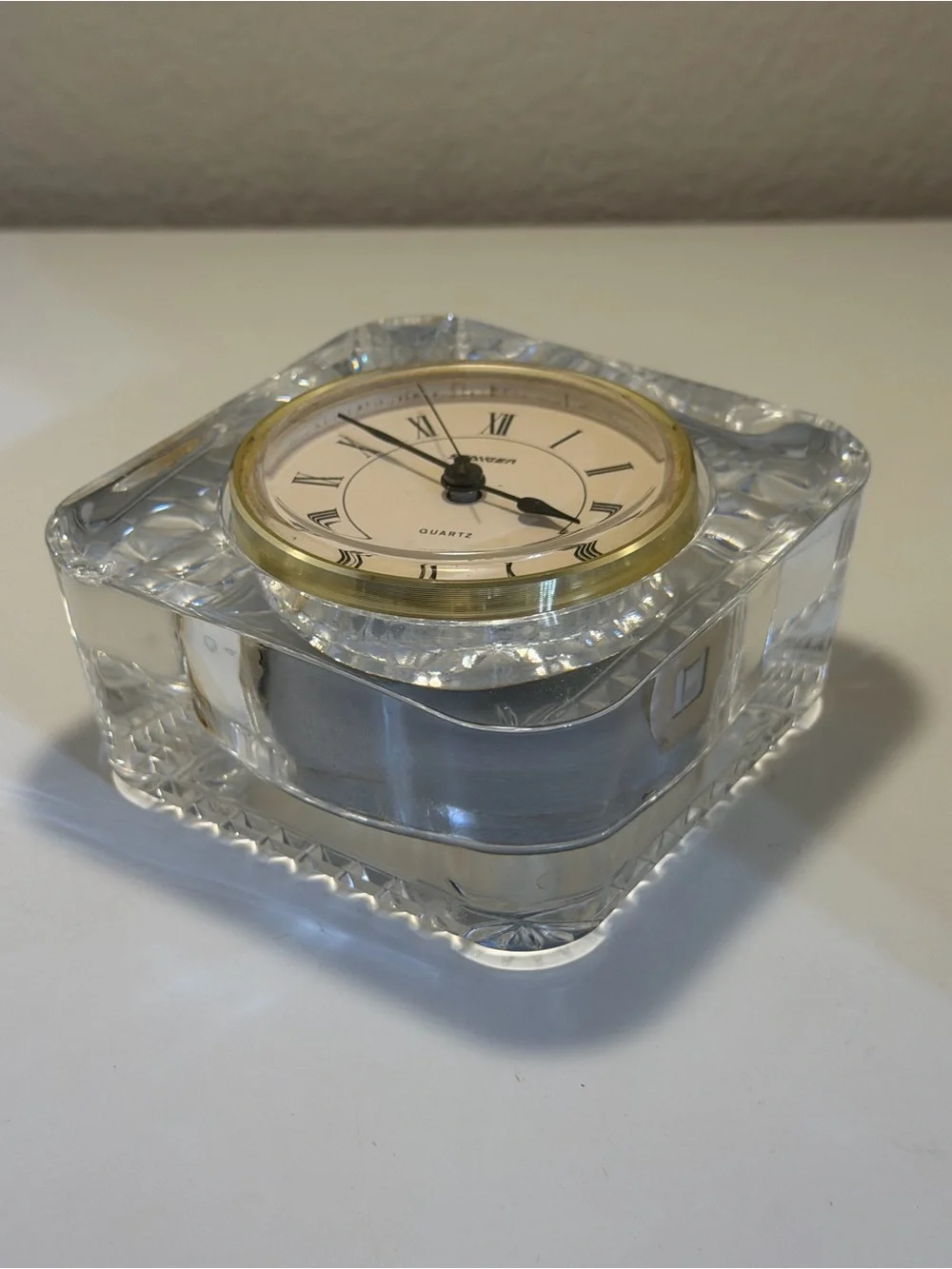 Clear Crystal Table Clock with Gold Accent